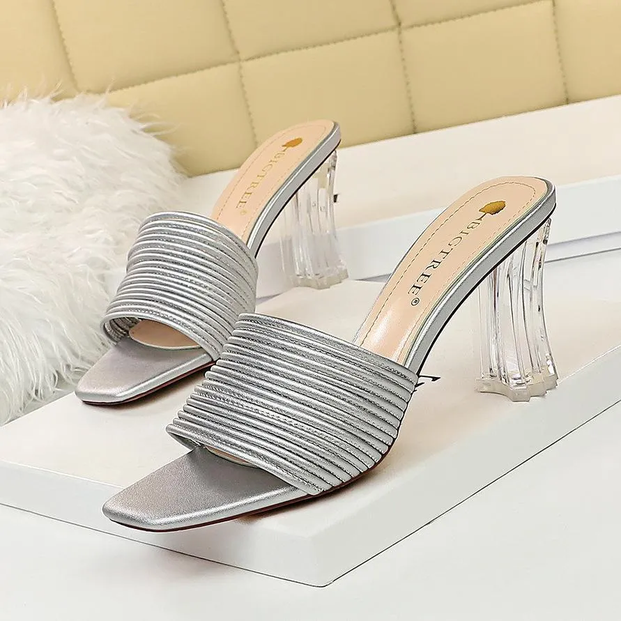 Chicvane Square Toe Transparent Chunky Heel Slides Shoes for Women