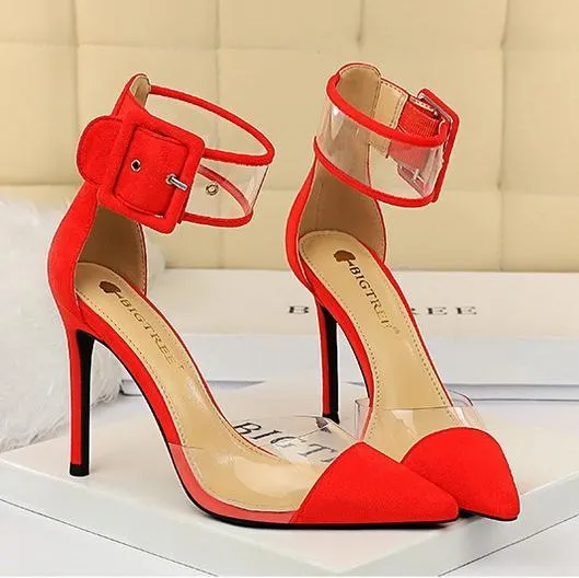 Chicvane Suede Clear Ankle Strap Adjustable Buckle Pointed Toe Stiletto Heel Bridal Heels