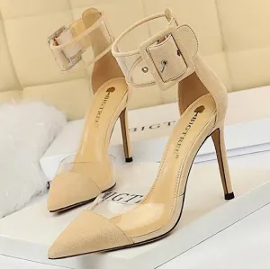 Chicvane Suede Clear Ankle Strap Adjustable Buckle Pointed Toe Stiletto Heel Bridal Heels