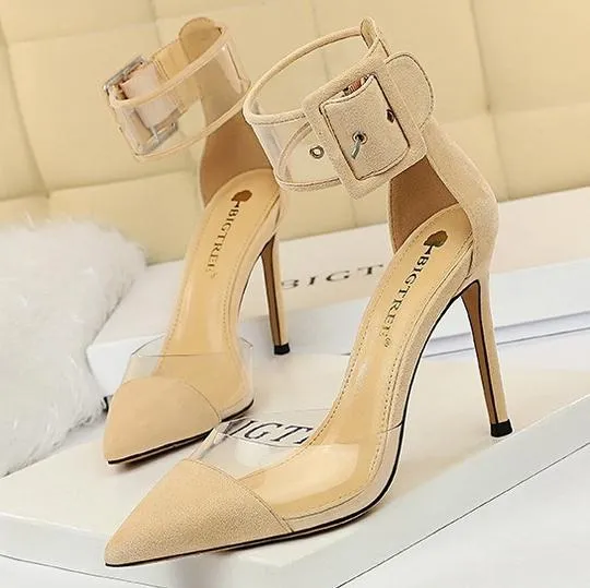 Chicvane Suede Clear Ankle Strap Adjustable Buckle Pointed Toe Stiletto Heel Bridal Heels