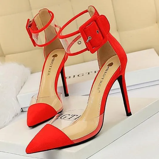 Chicvane Suede Clear Ankle Strap Adjustable Buckle Pointed Toe Stiletto Heel Bridal Heels