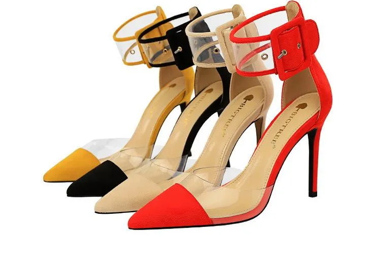 Chicvane Suede Clear Ankle Strap Adjustable Buckle Pointed Toe Stiletto Heel Bridal Heels