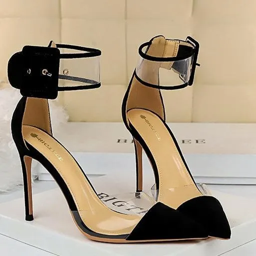 Chicvane Suede Clear Ankle Strap Adjustable Buckle Pointed Toe Stiletto Heel Bridal Heels