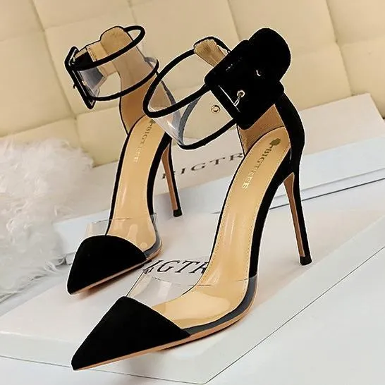 Chicvane Suede Clear Ankle Strap Adjustable Buckle Pointed Toe Stiletto Heel Bridal Heels