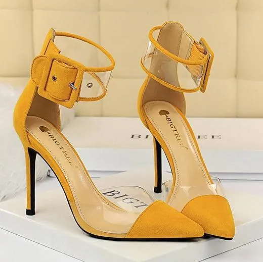 Chicvane Suede Clear Ankle Strap Adjustable Buckle Pointed Toe Stiletto Heel Bridal Heels