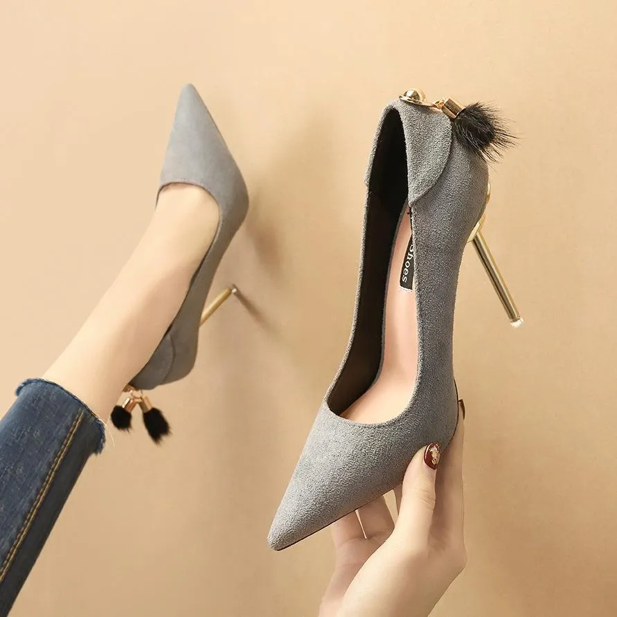 Chicvane Suede Metallic Stiletto Heel Closed Toe Pumps with Cony Hair