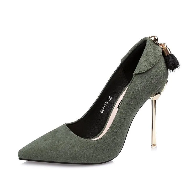 Chicvane Suede Metallic Stiletto Heel Closed Toe Pumps with Cony Hair