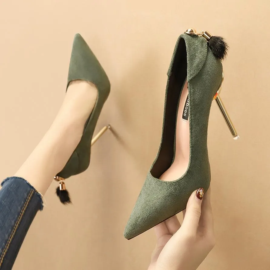 Chicvane Suede Metallic Stiletto Heel Closed Toe Pumps with Cony Hair