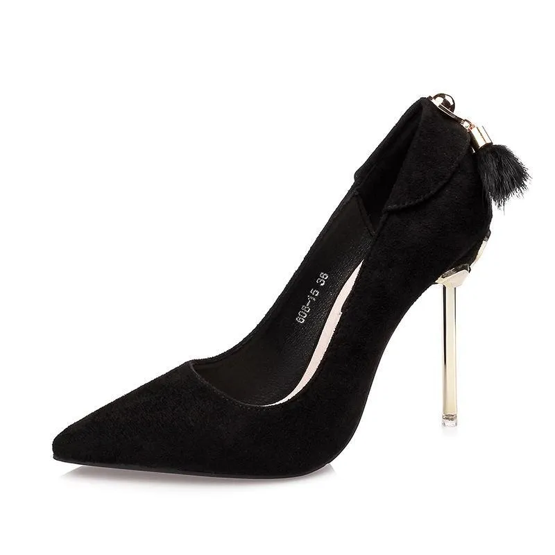 Chicvane Suede Metallic Stiletto Heel Closed Toe Pumps with Cony Hair