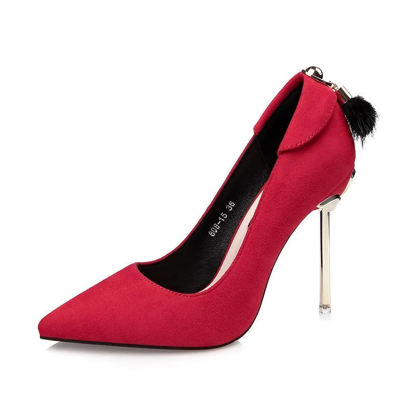 Chicvane Suede Metallic Stiletto Heel Closed Toe Pumps with Cony Hair