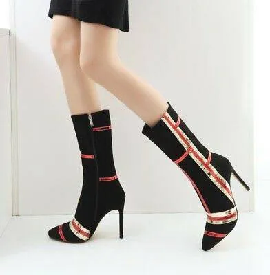 Chicvane Suede Striped Color Block Pointed Toe Stiletto Heel Mid Calf Boots For Women