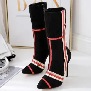 Chicvane Suede Striped Color Block Pointed Toe Stiletto Heel Mid Calf Boots For Women