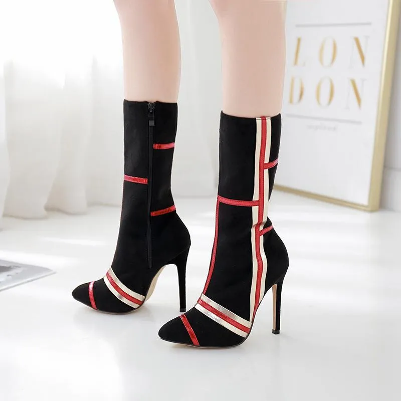 Chicvane Suede Striped Color Block Pointed Toe Stiletto Heel Mid Calf Boots For Women