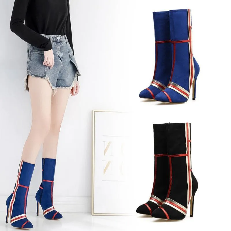 Chicvane Suede Striped Color Block Pointed Toe Stiletto Heel Mid Calf Boots For Women