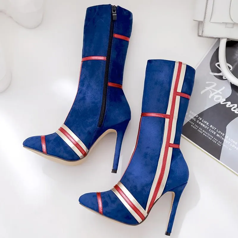 Chicvane Suede Striped Color Block Pointed Toe Stiletto Heel Mid Calf Boots For Women