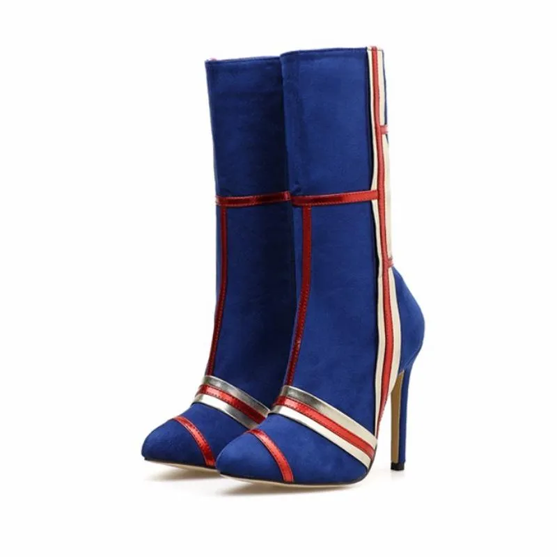 Chicvane Suede Striped Color Block Pointed Toe Stiletto Heel Mid Calf Boots For Women
