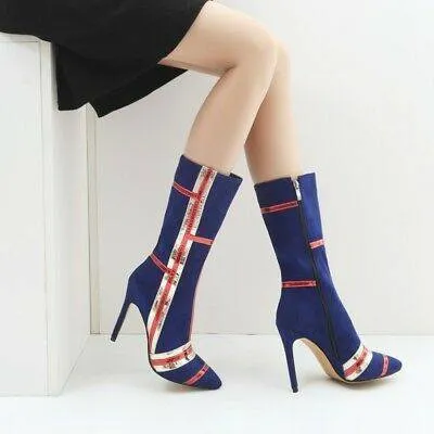 Chicvane Suede Striped Color Block Pointed Toe Stiletto Heel Mid Calf Boots For Women