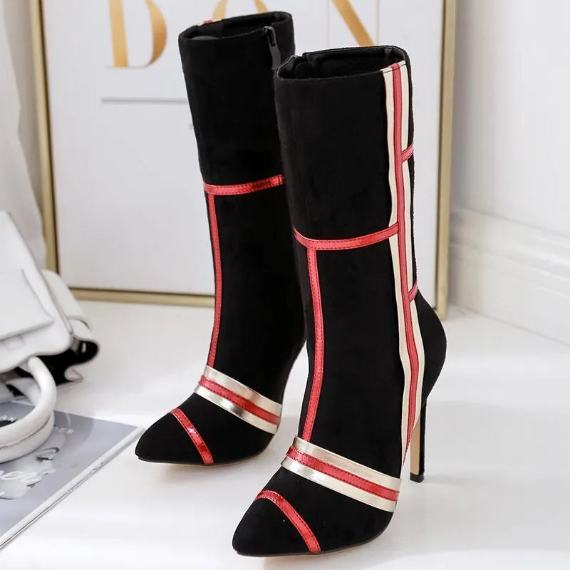 Chicvane Suede Striped Color Block Pointed Toe Stiletto Heel Mid Calf Boots For Women