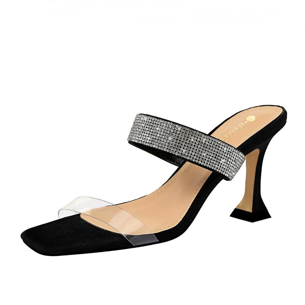 Chicvane Transparent Straps Chunky Heel Slides Shoes with Rhinestones