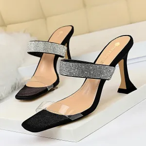 Chicvane Transparent Straps Chunky Heel Slides Shoes with Rhinestones