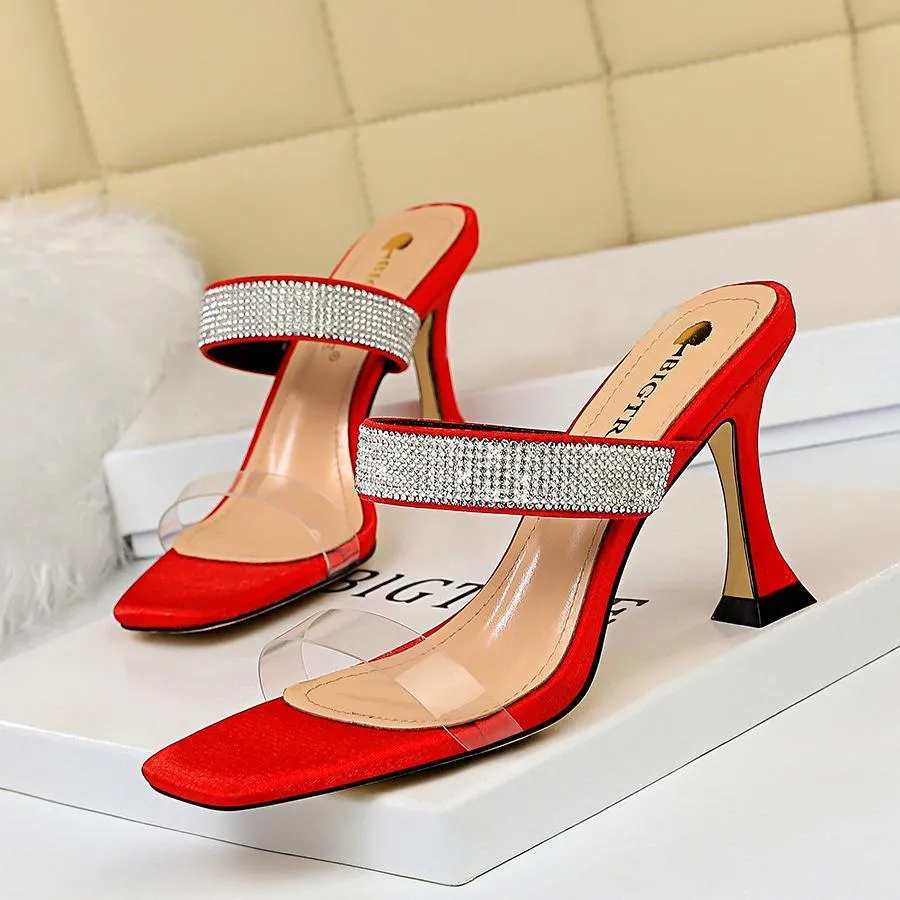Chicvane Transparent Straps Chunky Heel Slides Shoes with Rhinestones