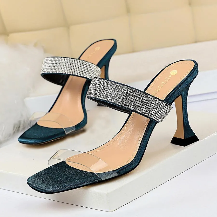 Chicvane Transparent Straps Chunky Heel Slides Shoes with Rhinestones