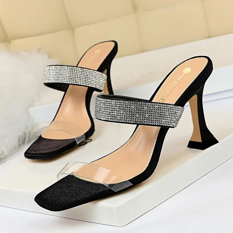 Chicvane Transparent Straps Chunky Heel Slides Shoes with Rhinestones