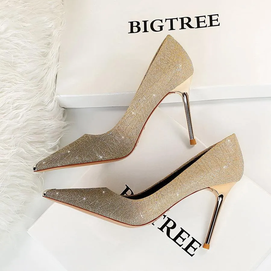 Chicvane Womens Gradient Ramp Shine Metal Pointed Toe Stiletto Heel Party Bridal Pumps
