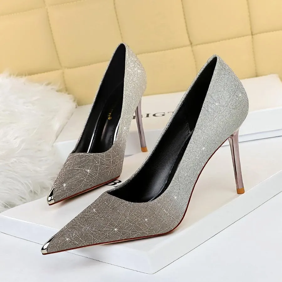 Chicvane Womens Gradient Ramp Shine Metal Pointed Toe Stiletto Heel Party Bridal Pumps