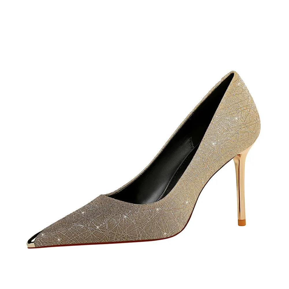 Chicvane Womens Gradient Ramp Shine Metal Pointed Toe Stiletto Heel Party Bridal Pumps