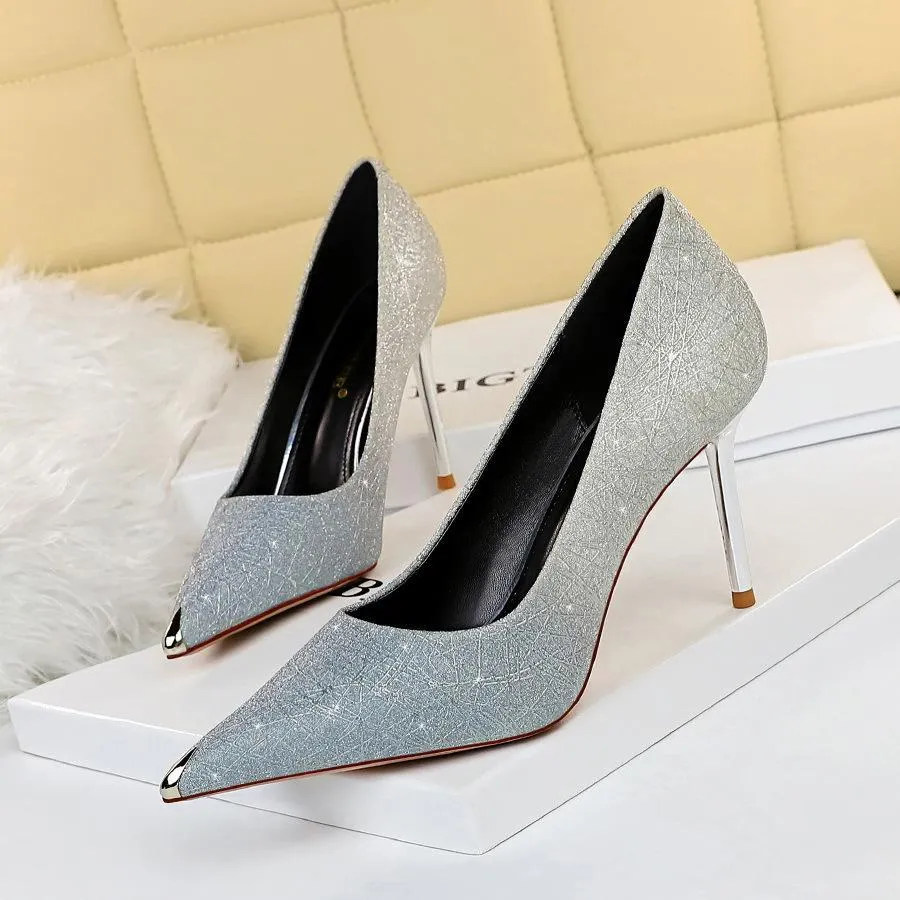 Chicvane Womens Gradient Ramp Shine Metal Pointed Toe Stiletto Heel Party Bridal Pumps