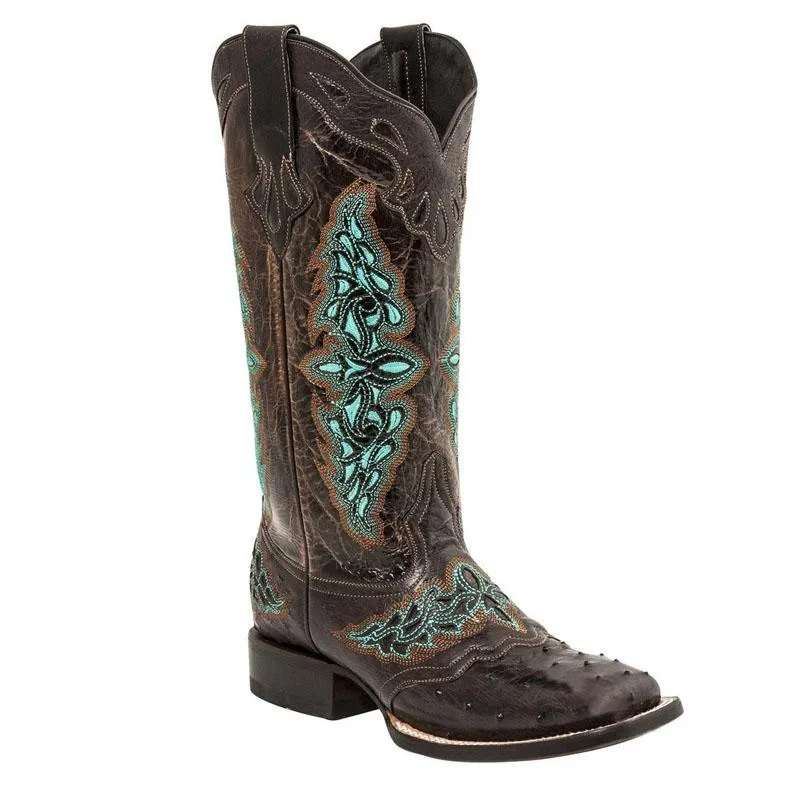 Chicvane Womens Retro Paisley Pattern Color Block Cow Boy  Knee High Boots
