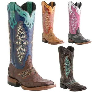 Chicvane Womens Retro Paisley Pattern Color Block Cow Boy  Knee High Boots