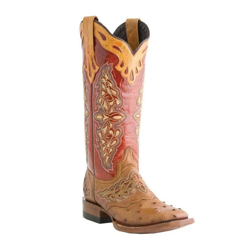 Chicvane Womens Retro Paisley Pattern Color Block Cow Boy  Knee High Boots