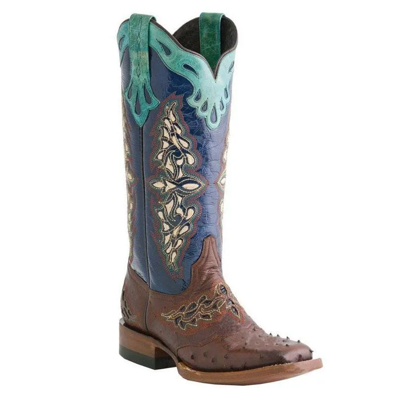 Chicvane Womens Retro Paisley Pattern Color Block Cow Boy  Knee High Boots