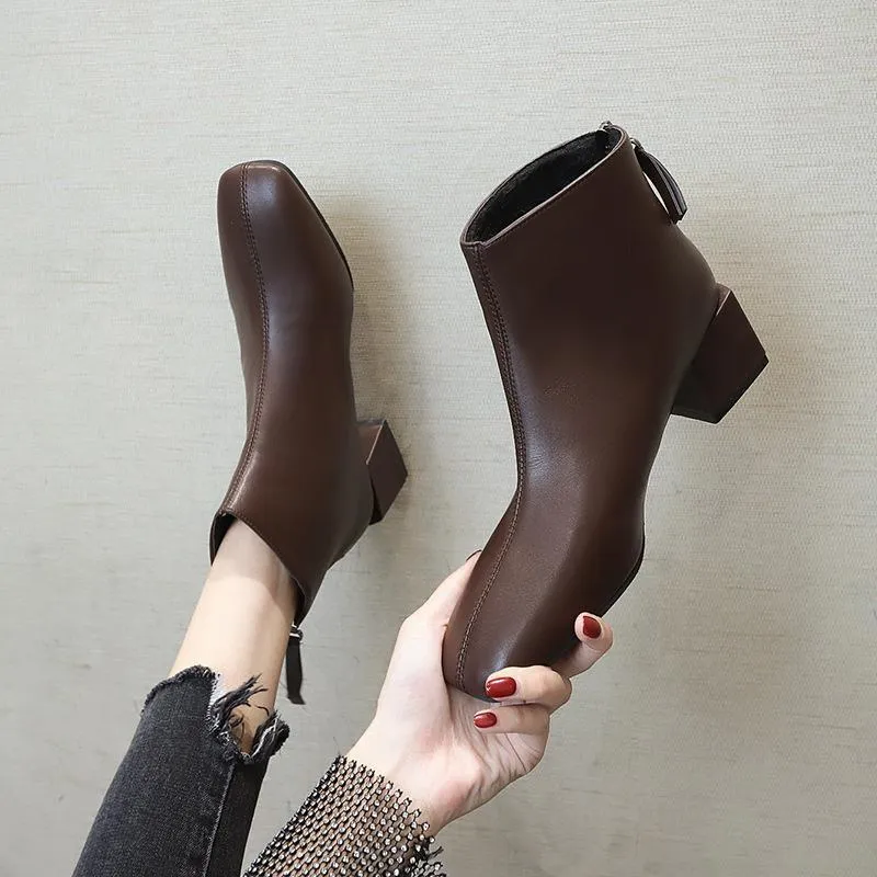 Chicvane Womens Round Toe Chunky High Heels Zipper Closure Ankle Boots