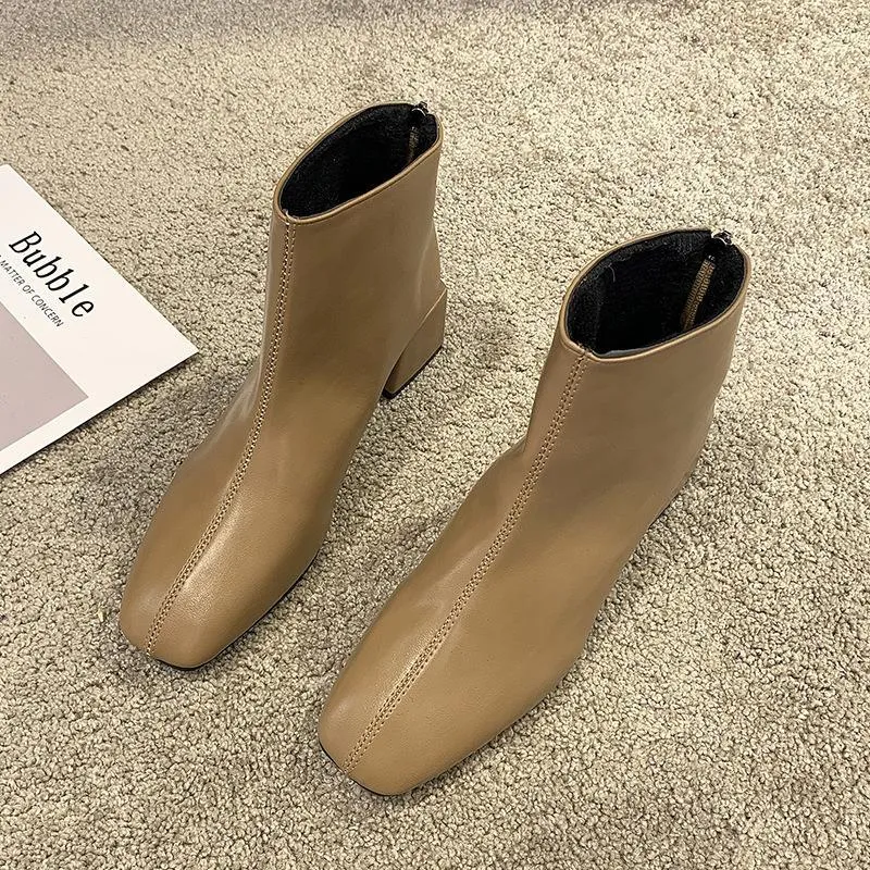 Chicvane Womens Round Toe Chunky High Heels Zipper Closure Ankle Boots