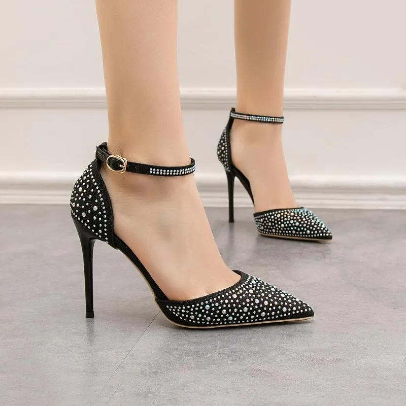 Chicvane Womens Shine Rhinestones Ankle Strap Stiletto Heel Wedding Bridal Pumps