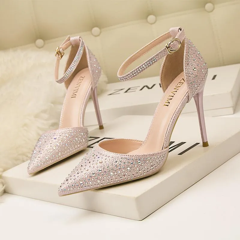 Chicvane Womens Shine Rhinestones Ankle Strap Stiletto Heel Wedding Bridal Pumps