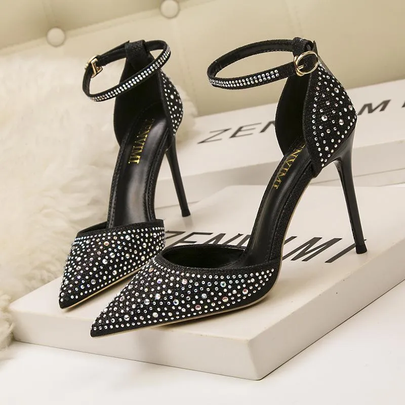 Chicvane Womens Shine Rhinestones Ankle Strap Stiletto Heel Wedding Bridal Pumps