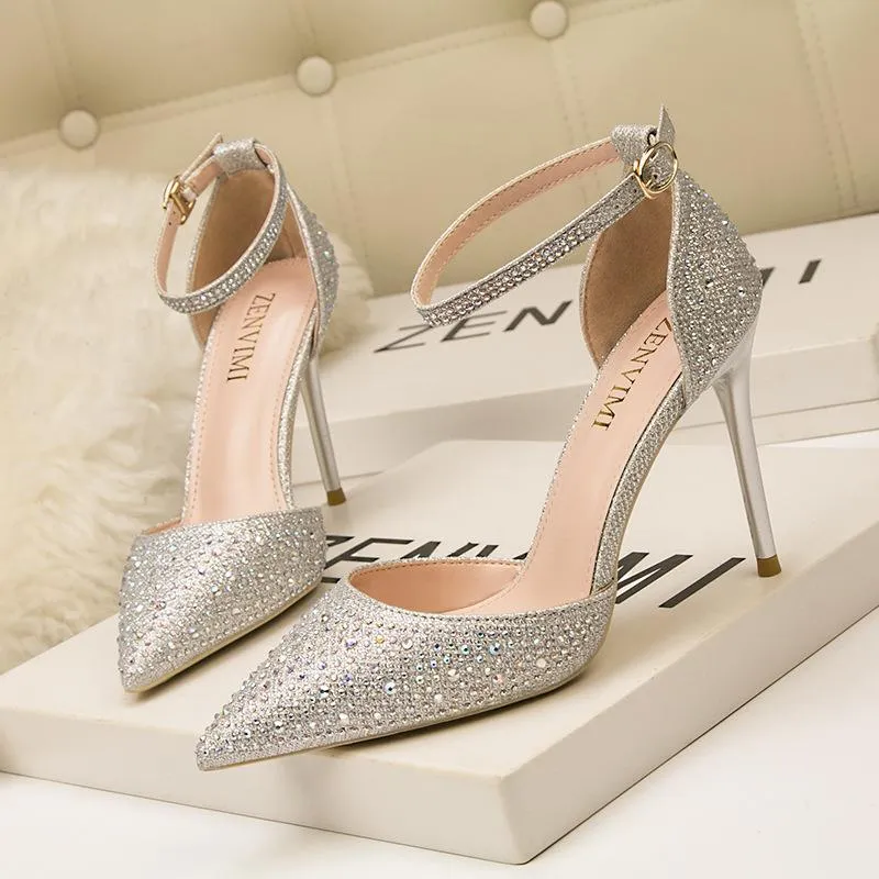 Chicvane Womens Shine Rhinestones Ankle Strap Stiletto Heel Wedding Bridal Pumps