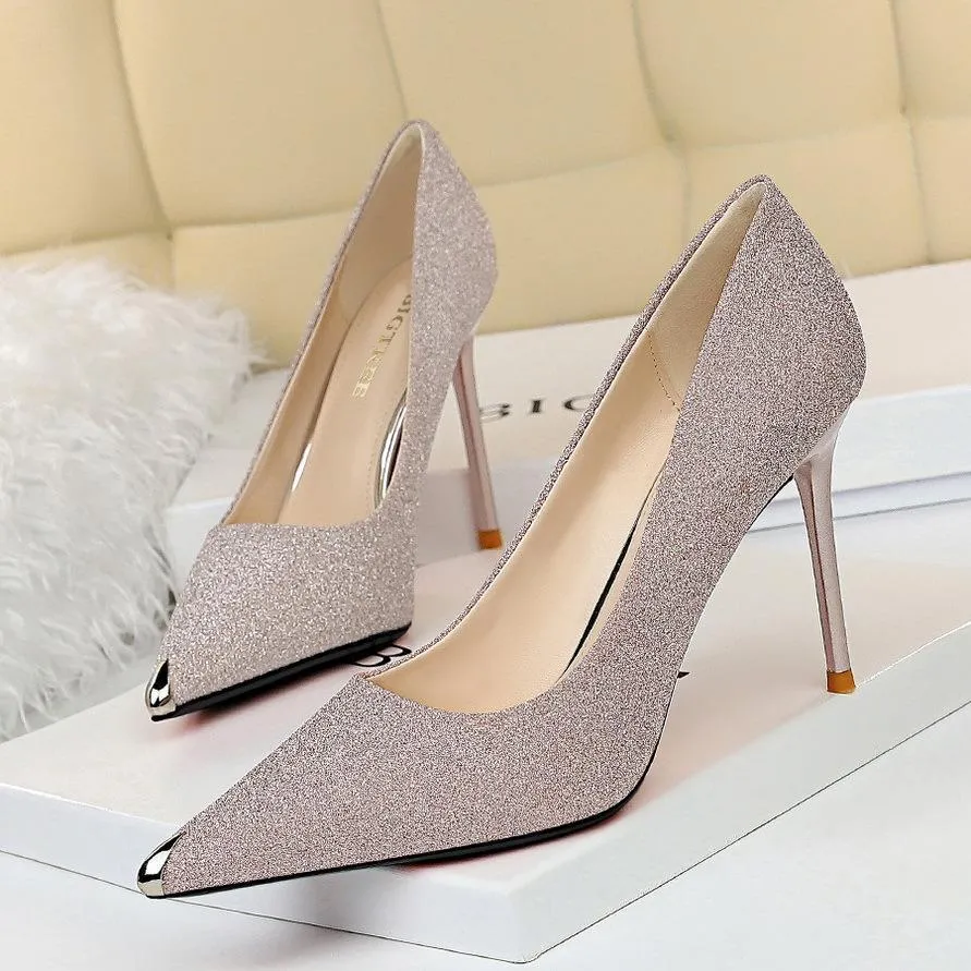 Chicvane Womens Suede Glitter Stiletto Heels Metal Pointed Toe Party Bridal Pumps