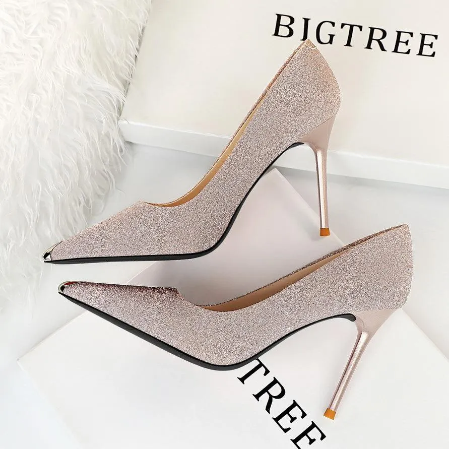 Chicvane Womens Suede Glitter Stiletto Heels Metal Pointed Toe Party Bridal Pumps