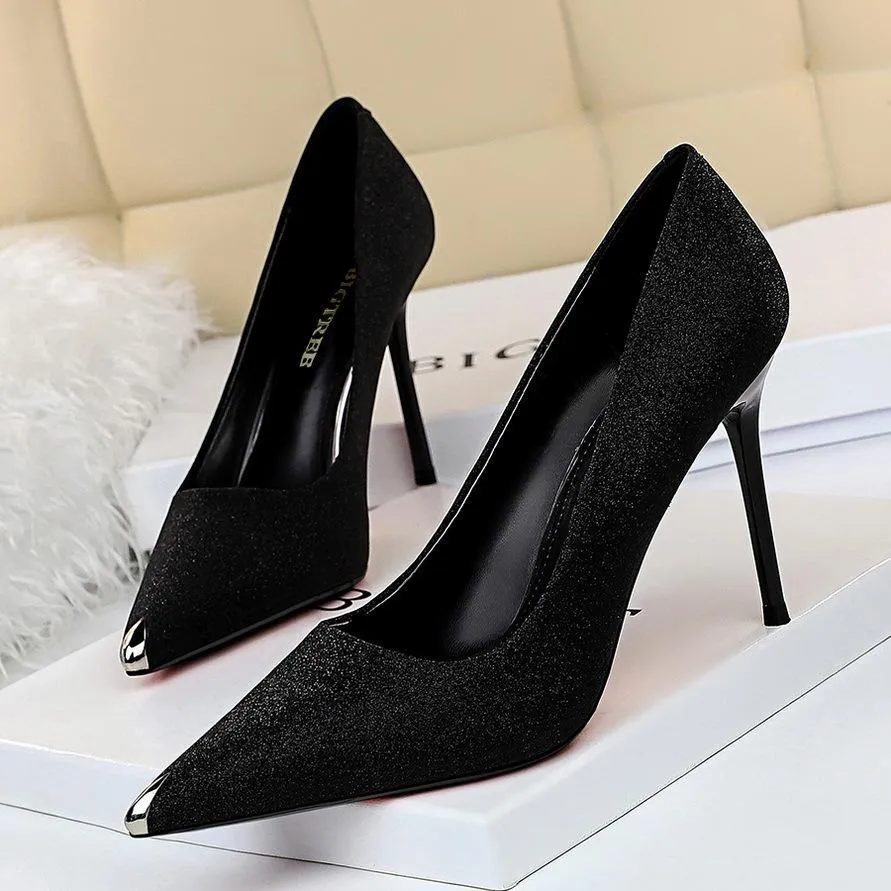 Chicvane Womens Suede Glitter Stiletto Heels Metal Pointed Toe Party Bridal Pumps