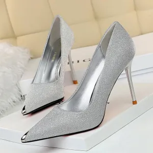 Chicvane Womens Suede Glitter Stiletto Heels Metal Pointed Toe Party Bridal Pumps