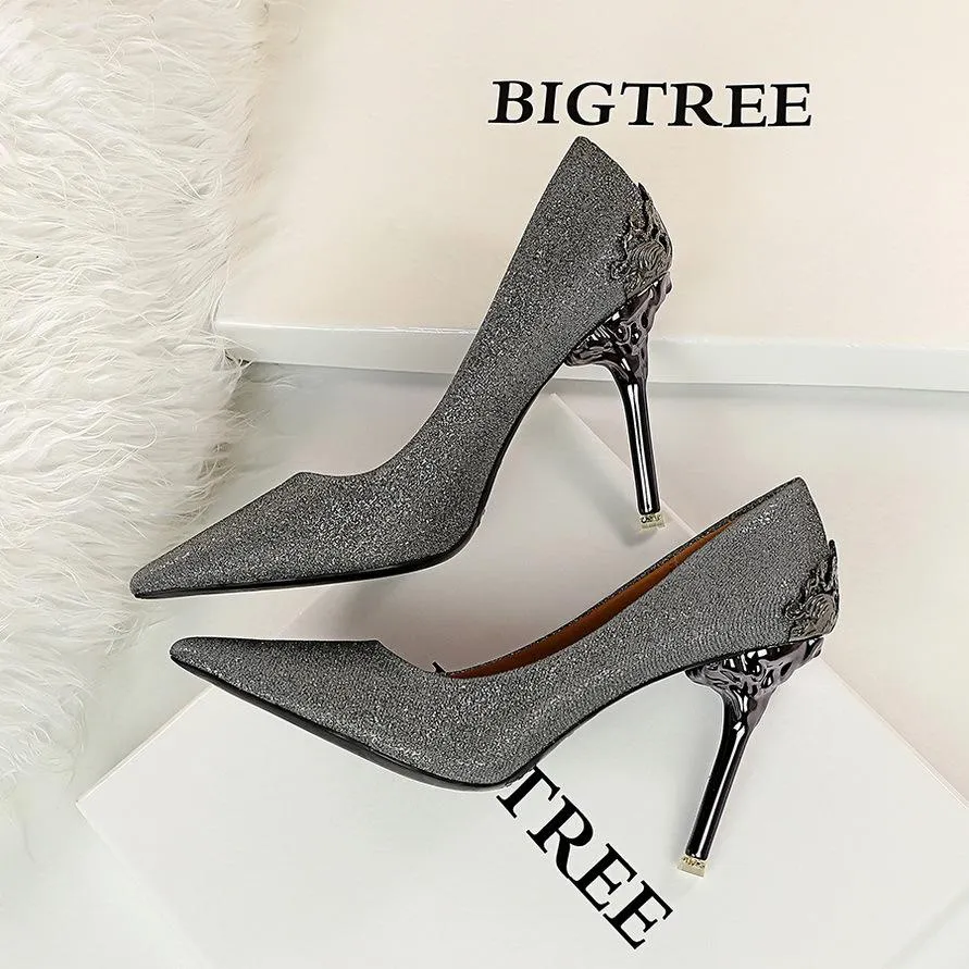 Chicvane Womens Suede Metal Stiletto Heels Pointed Toe Party Bridal Pumps