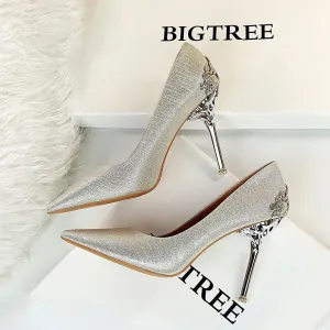 Chicvane Womens Suede Metal Stiletto Heels Pointed Toe Party Bridal Pumps