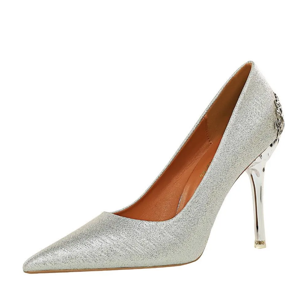 Chicvane Womens Suede Metal Stiletto Heels Pointed Toe Party Bridal Pumps