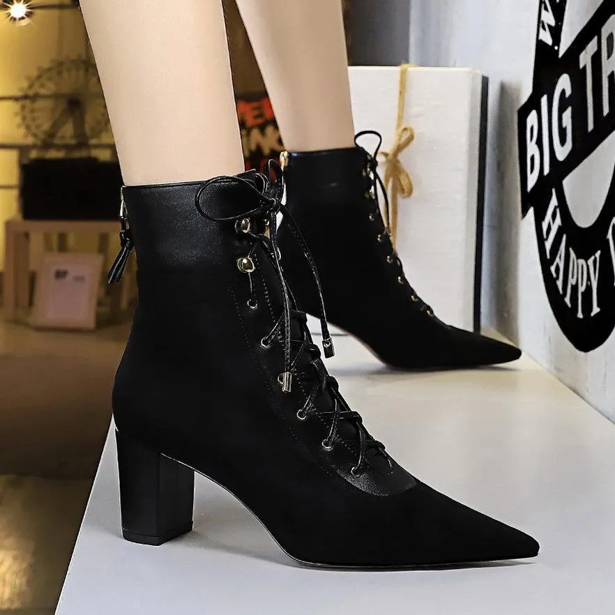 Chicvane Womens Suede Pointed Toe Chuncky Heel Criss Cross Strap Zipper Closure Ankle Boots