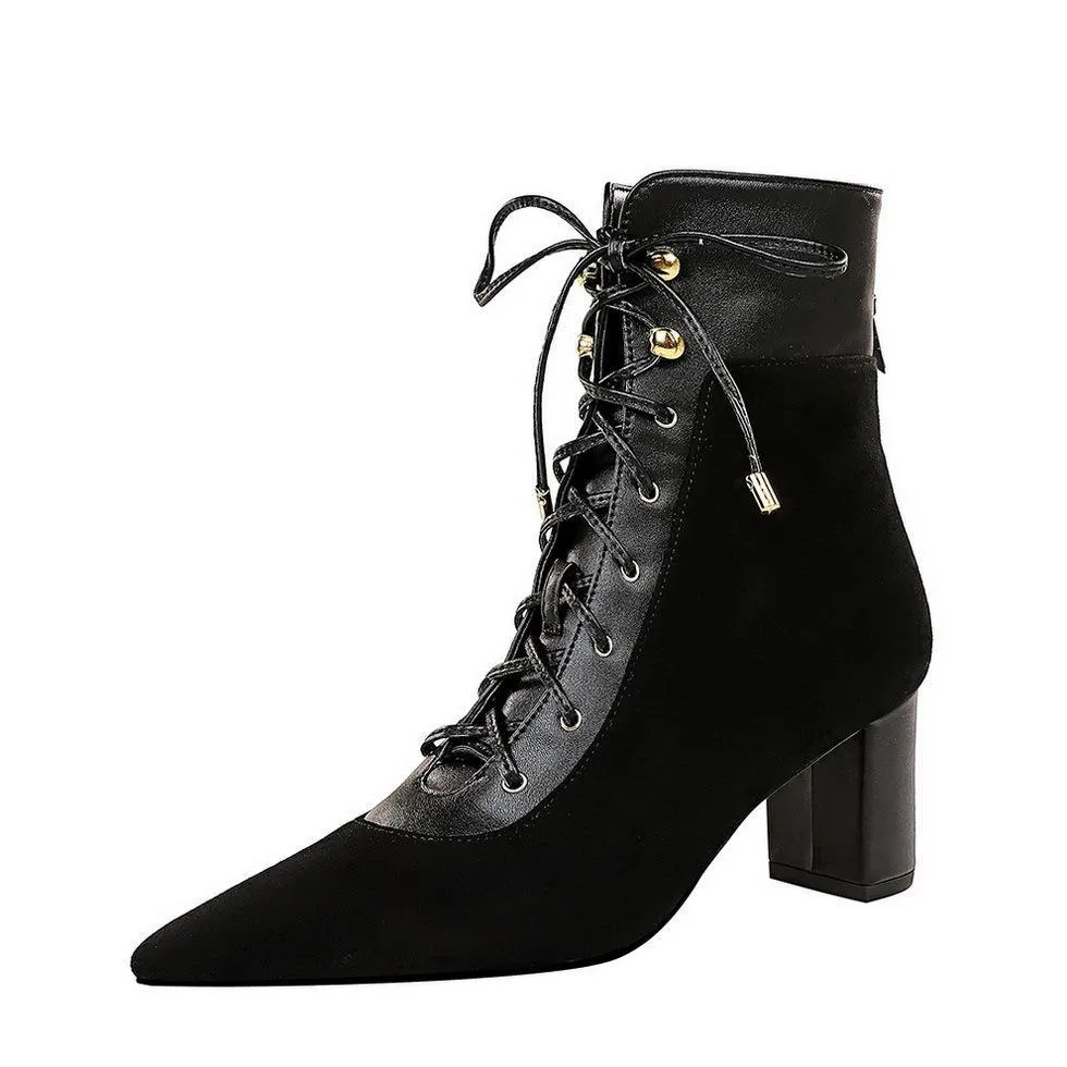 Chicvane Womens Suede Pointed Toe Chuncky Heel Criss Cross Strap Zipper Closure Ankle Boots